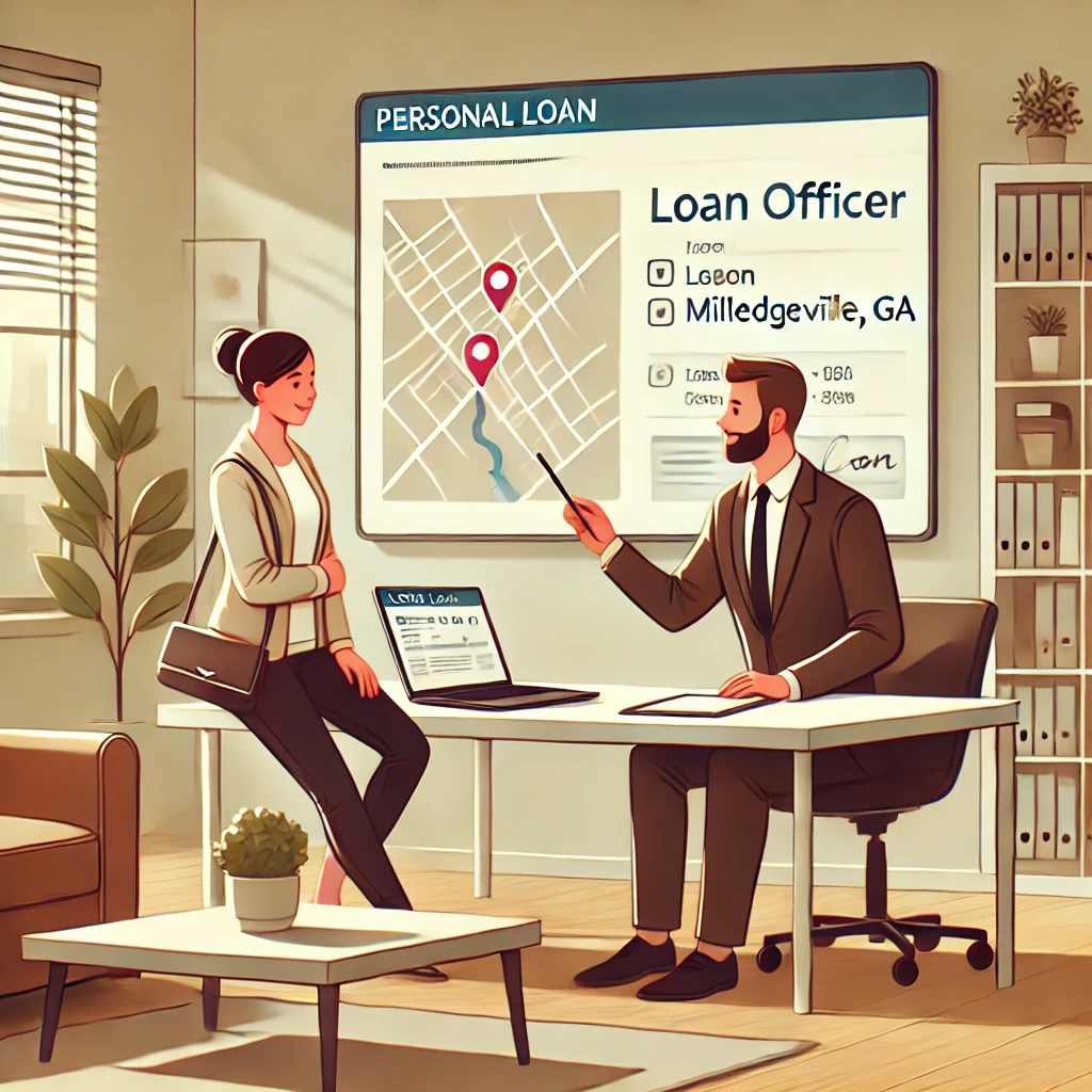 Customer applying for a personal loan in Milledgeville, GA, assisted by a loan officer in a modern office with a Milledgeville map on the wall, symbolizing trust and professionalism in local financial services.