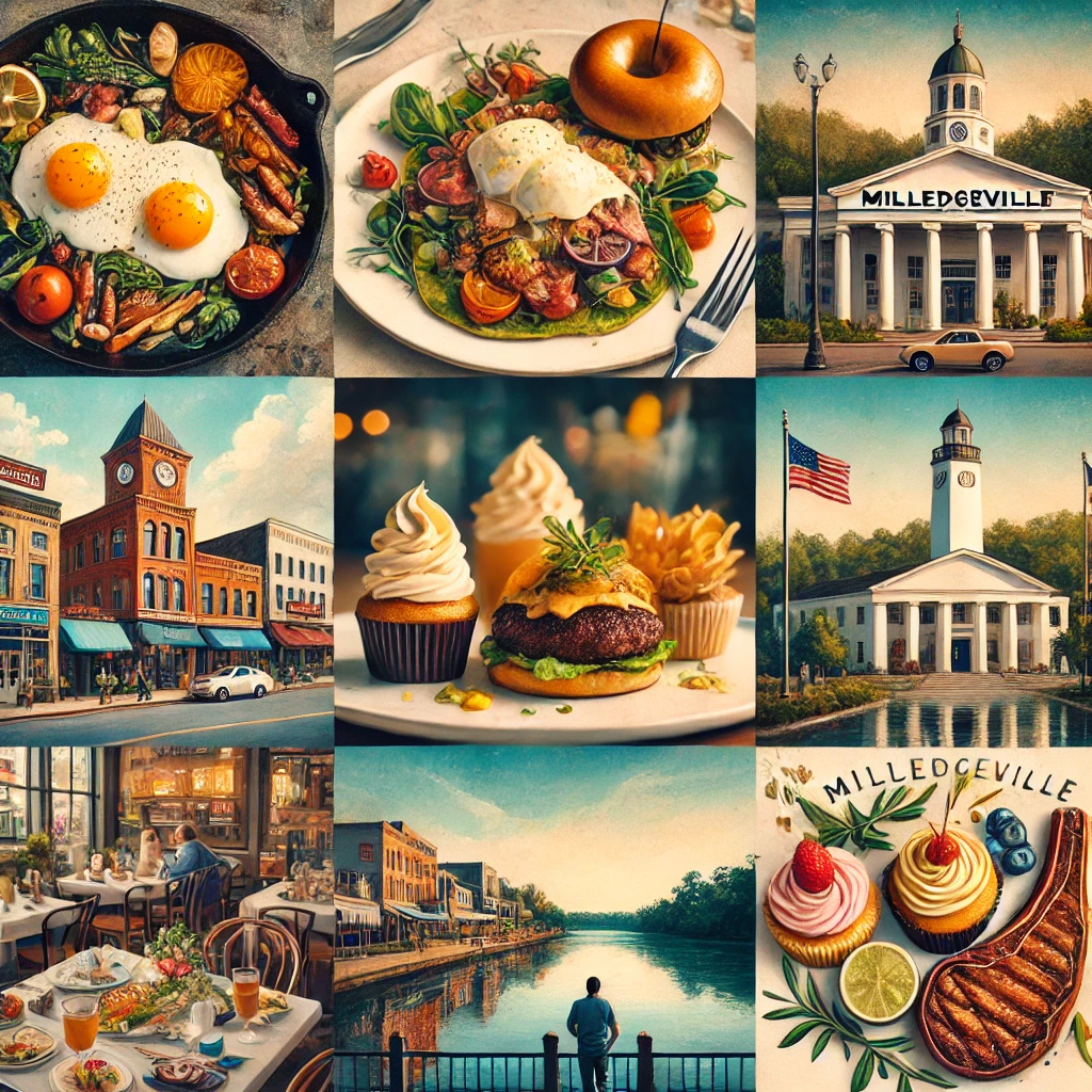 A vibrant collage of food in Milledgeville, Georgia, featuring Eggs Benedict, gourmet tacos, a steak dinner, fresh seafood by Lake Sinclair, and colorful cupcakes, celebrating the town’s diverse culinary scene.