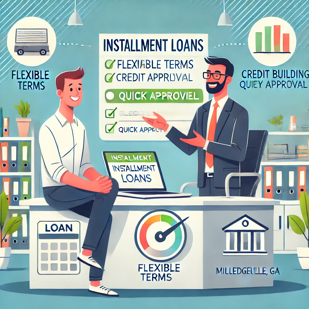 Illustration of the benefits of installment loans in Milledgeville, GA, featuring a borrower and loan advisor discussing flexible terms, credit building, and quick approval in a modern office.