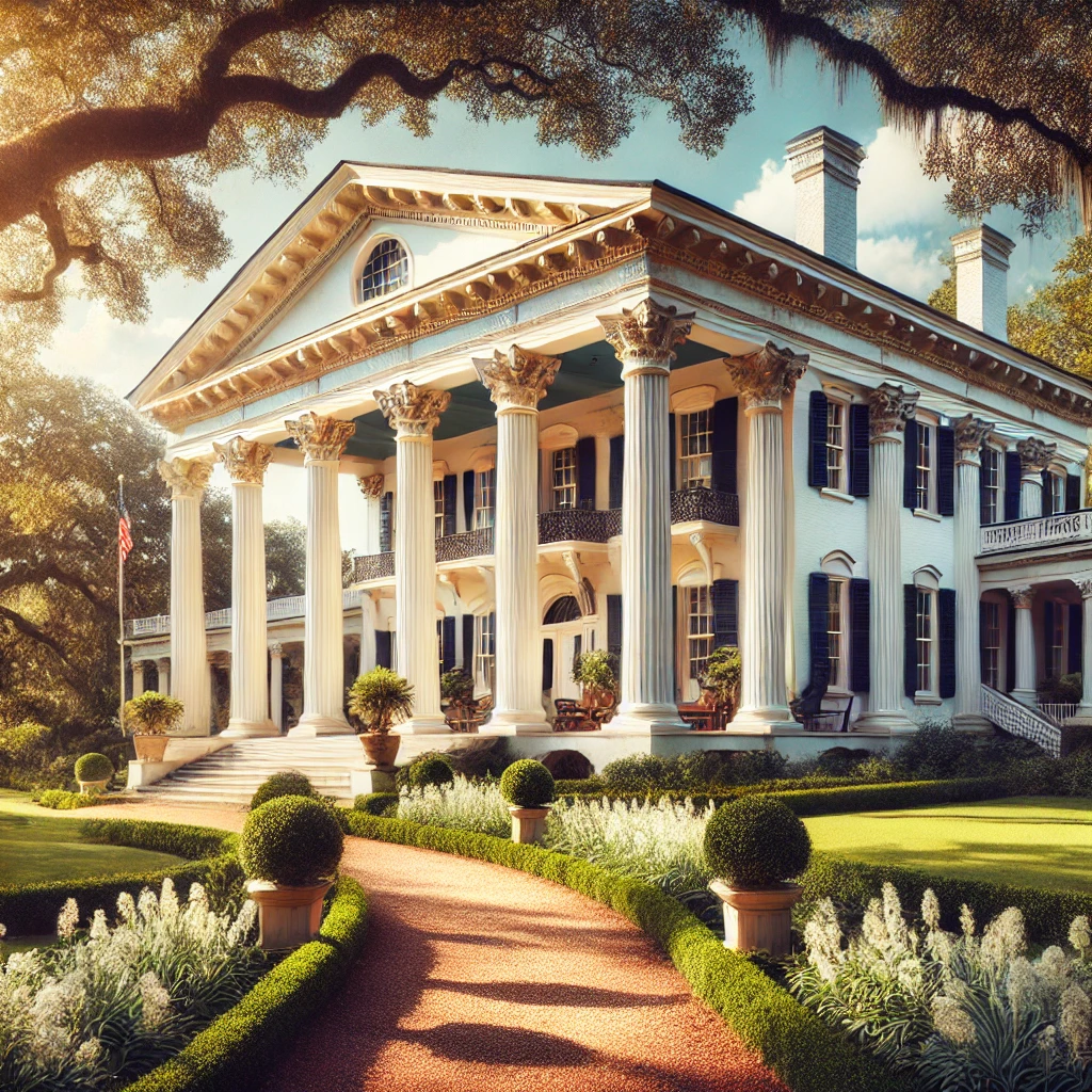 Old Governor's Mansion in Milledgeville GA, showcasing Greek Revival architecture with white columns and a manicured garden.